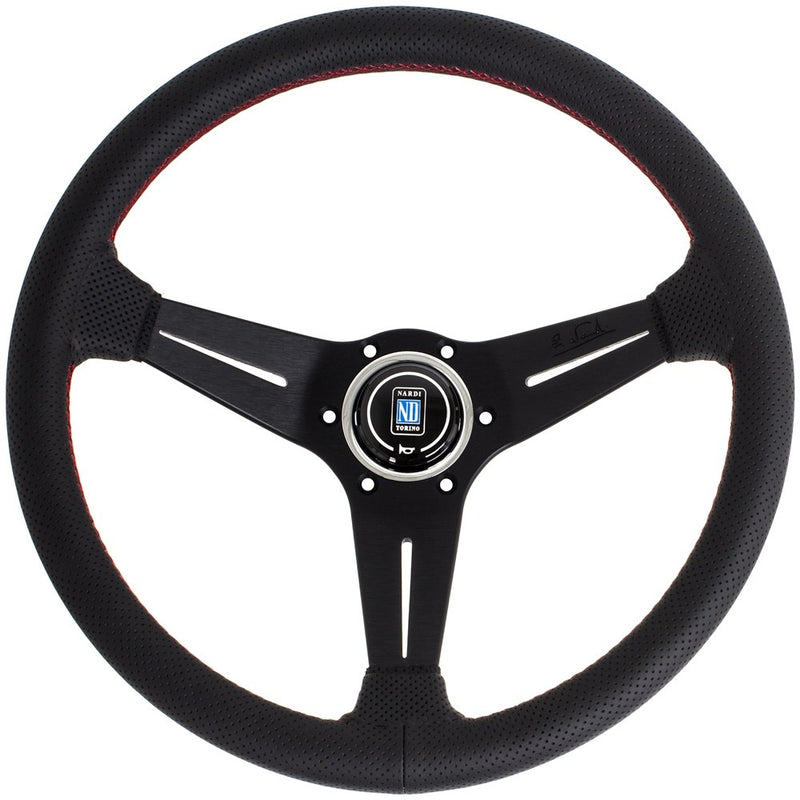 Carica immagine in Galleria Viewer, Volante Nardi Deep Corn Ø35, Pelle Nera Forata, Razze Nere, Cuciture Rosse, a Calice 80 mm