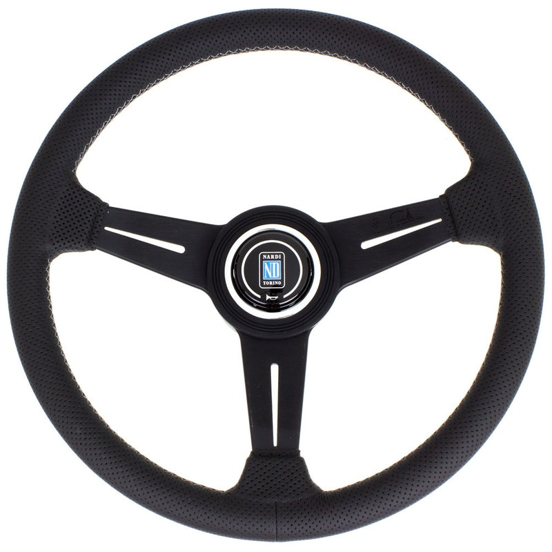 Carica immagine in Galleria Viewer, Volante Nardi Classic ND34, Pelle Nera Forata, Razze Nere, Cuciture Grigie, a Calice 40 mm