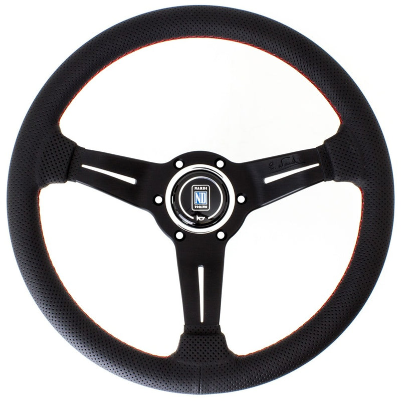 Carica immagine in Galleria Viewer, Volante Nardi Deep Corn Ø33, Pelle Nera Forata, Razze Nere, Cuciture Rosse, a Calice 50 mm