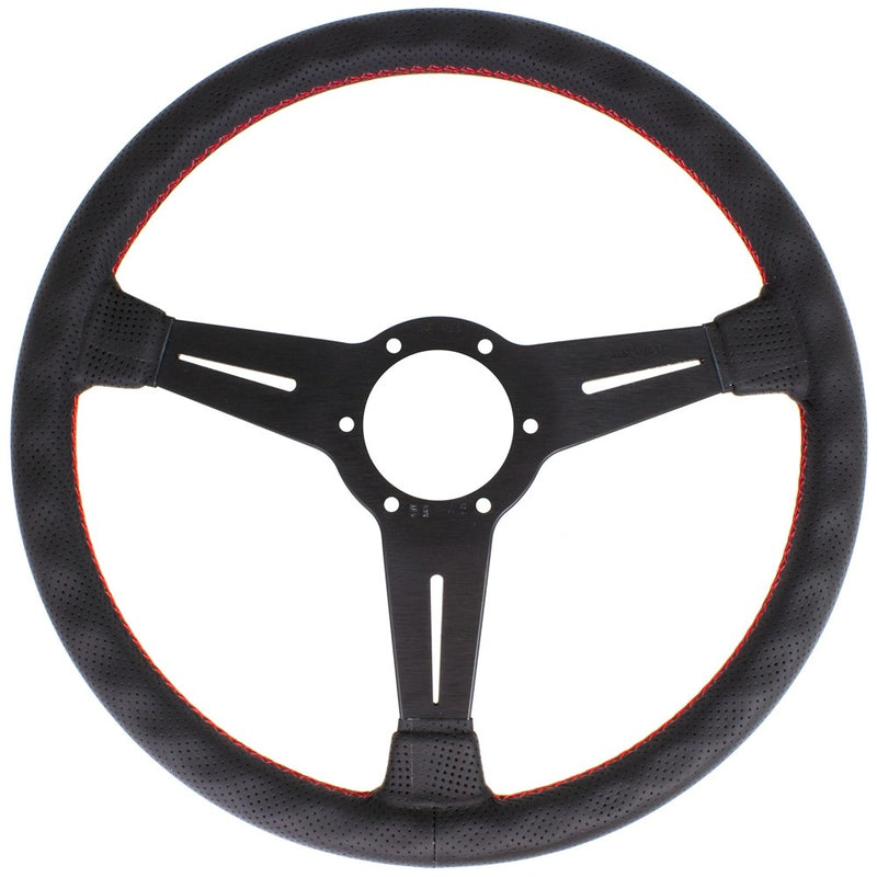 Carica immagine in Galleria Viewer, Volante Nardi Classic ND36, Pelle Nera Forata, Razze Nere, Cuciture Rosse, a Calice 40 mm