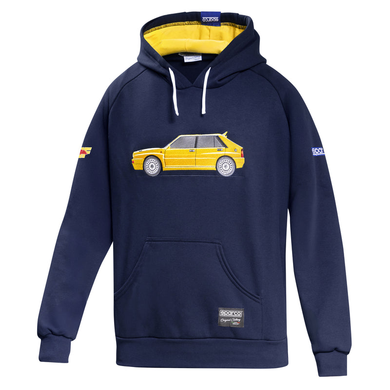 Carica immagine in Galleria Viewer, Felpa con Cappuccio Sparco Lancia HF Heritage Delta Integrale - Blu Marine / Giallo