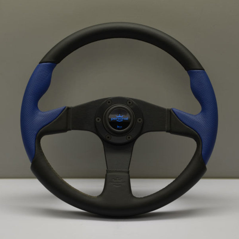 Carica immagine in Galleria Viewer, Volante Personal Thunder (350 mm) Pelle Nera & Pelle Blu Forata, Razze Nere