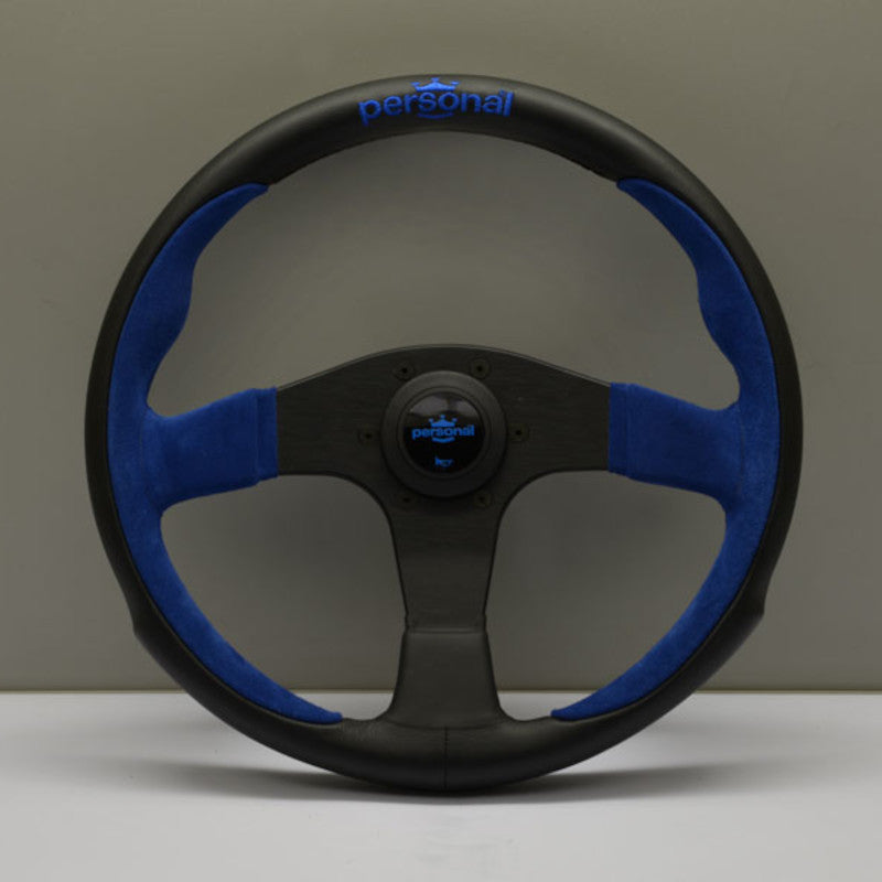 Carica immagine in Galleria Viewer, Volante Personal Pole Position (350 mm) Pelle Nera & Scamosciato Blu, Razze Nere, Logo Blu