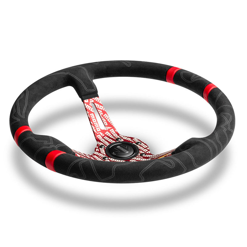 Carica immagine in Galleria Viewer, Volante Momo Ultra in Alcantara, a Calice (90 mm), Razze Rosse - 35 cm