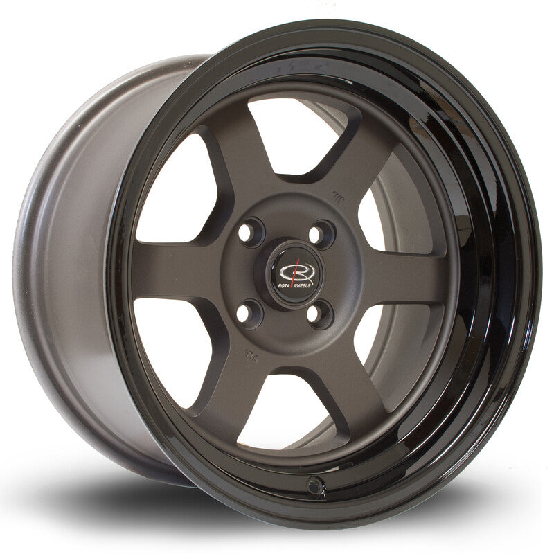 Carica immagine in Galleria Viewer, Cerchio Rota Grid V 8x15 4x100 ET0 - Gunmetal con bordo nero lucido