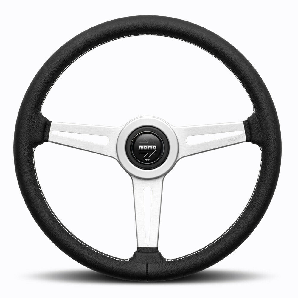 Volante Momo Retro a Calice (40 mm), Pelle Nera, Razze in Alluminio - 36 cm