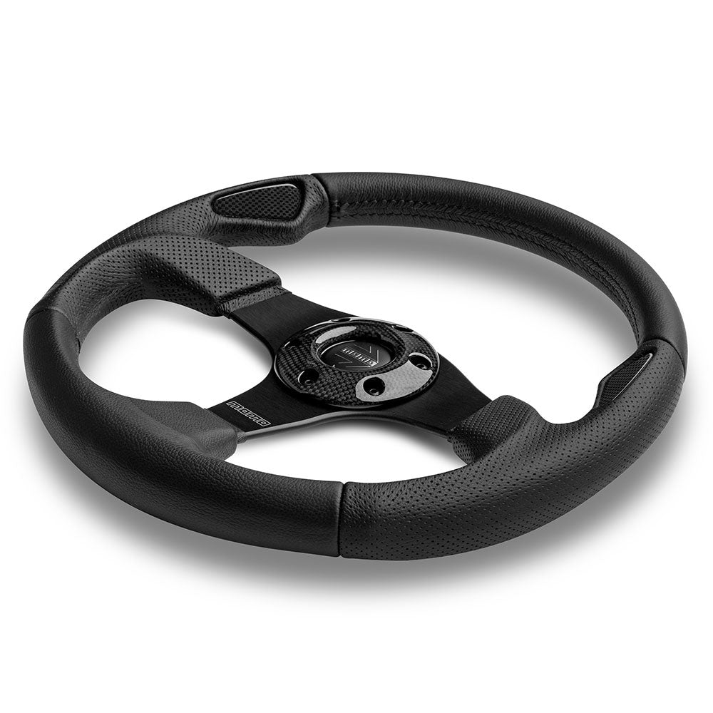 Volante Momo Jet a Calice (42 mm), Pelle Nera, Razze Nere - 35 cm
