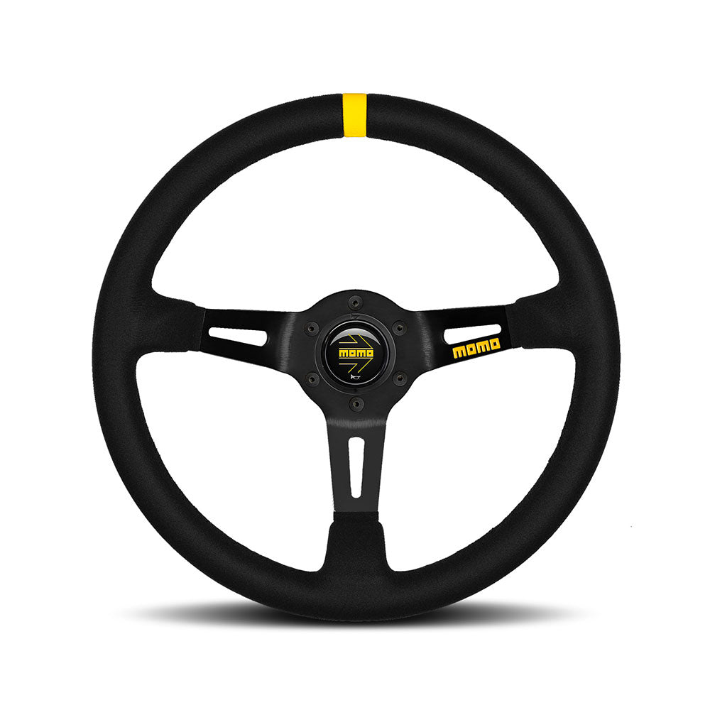 Volante Momo Mod. 08 a Calice (88 mm), Scamosciato Nero, Razze Nere - 35 cm