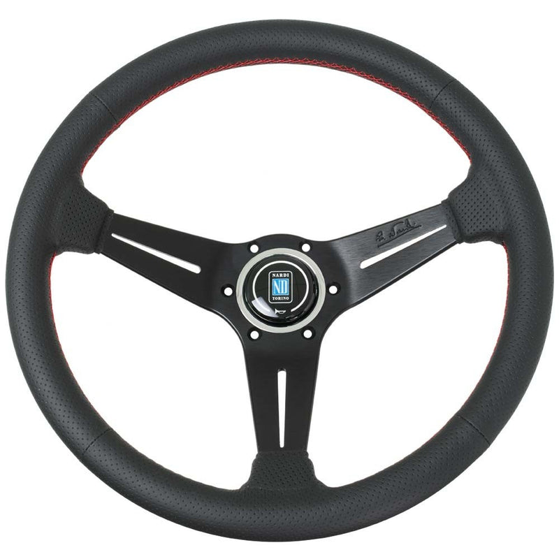 Carica immagine in Galleria Viewer, Volante Nardi Classic ND36, Pelle Nera Forata, Razze Nere, Cuciture Rosse, a Calice 40 mm
