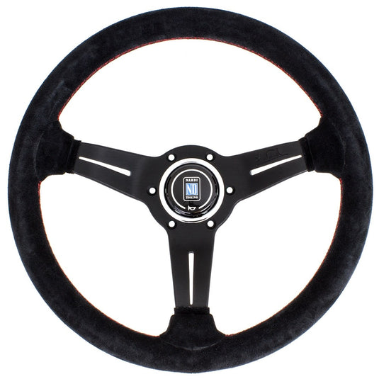 Volante Nardi Deep Corn Ø33, Scamosciato Nero, Razze Nere, Cuciture Rosse, a Calice 50 mm