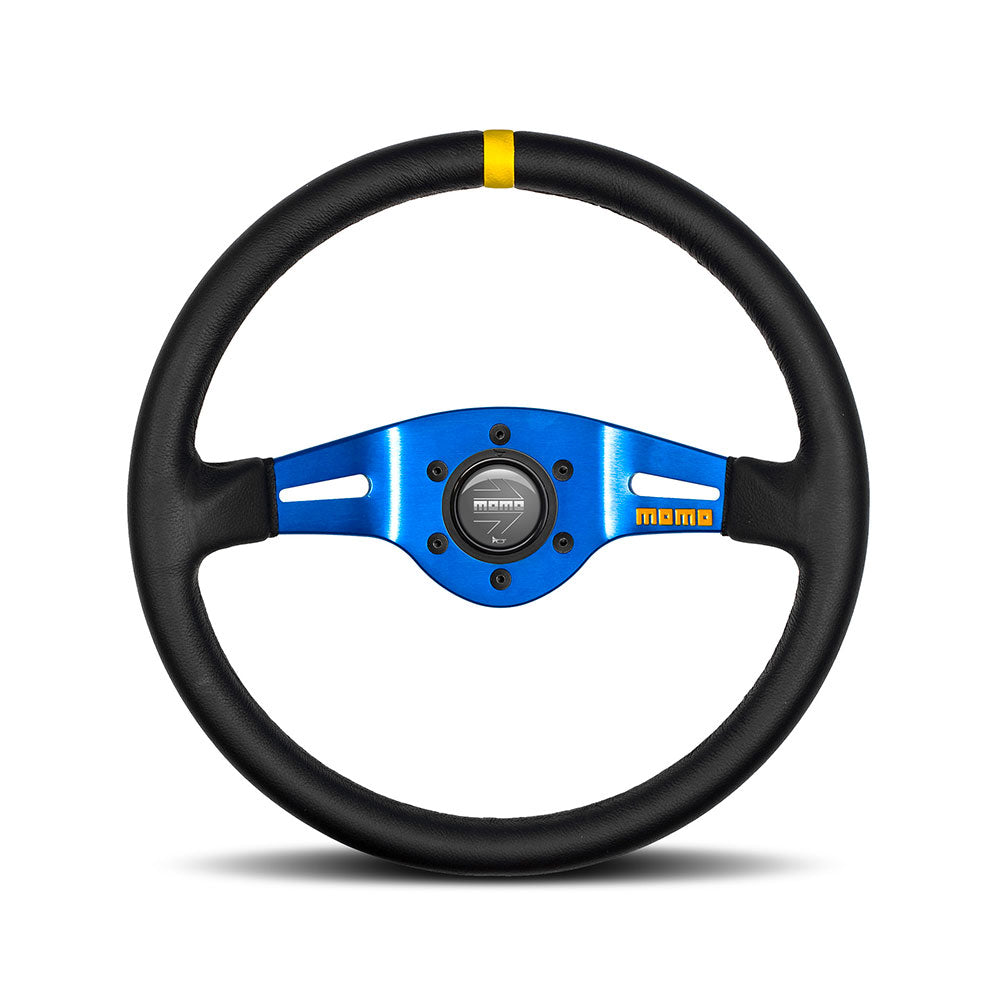 Volante Momo Mod. 03 a Calice (70 mm), Pelle Nera, Razze Blu - 35 cm
