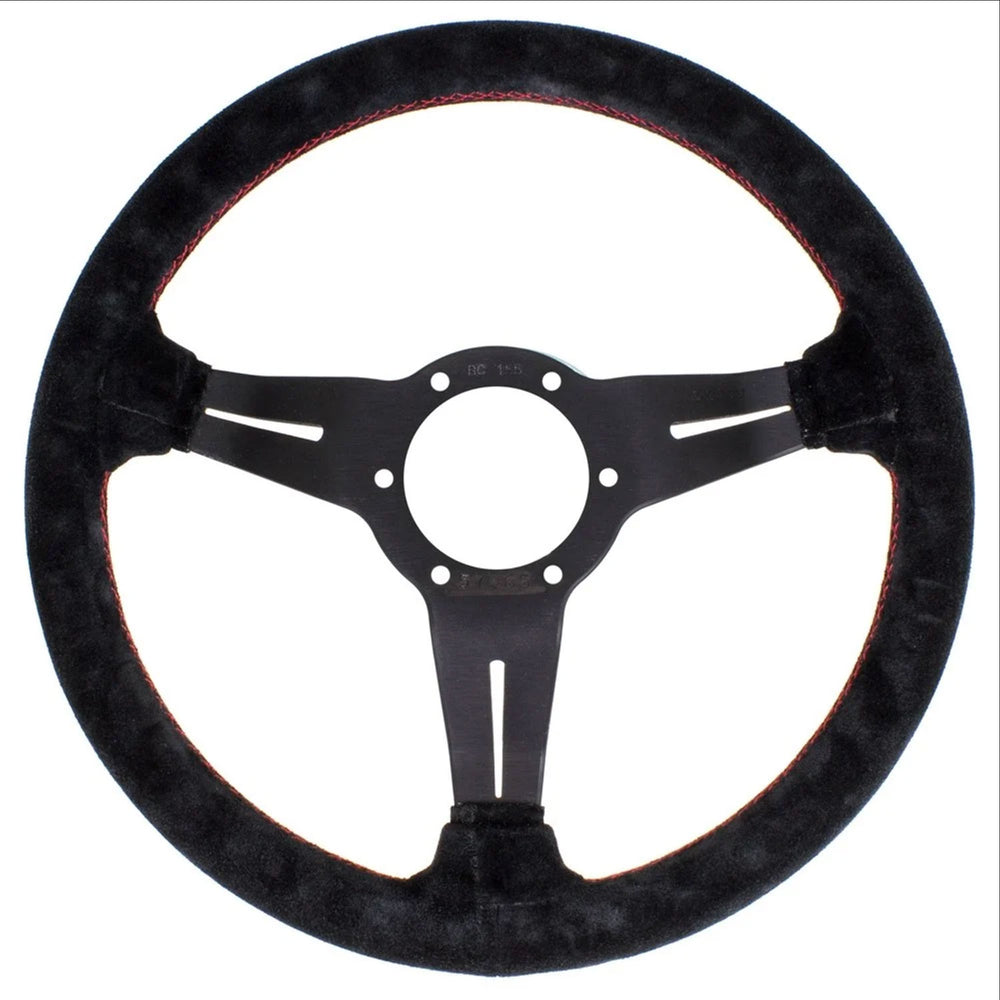 Volante Nardi Deep Corn Ø33, Scamosciato Nero, Razze Nere, Cuciture Rosse, a Calice 50 mm