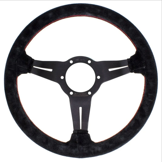 Volante Nardi Deep Corn Ø33, Scamosciato Nero, Razze Nere, Cuciture Rosse, a Calice 50 mm