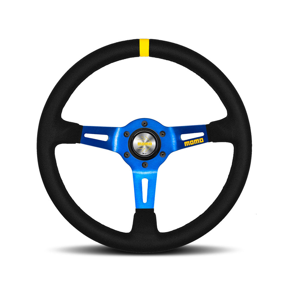 Volante Momo Mod. 08 a Calice (88 mm), Scamosciato Nero, Razze Blu - 35 cm