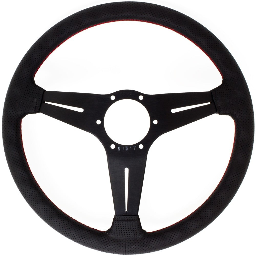 Volante Nardi Deep Corn Ø35, Pelle Nera Forata, Razze Nere, Cuciture Rosse, a Calice 80 mm