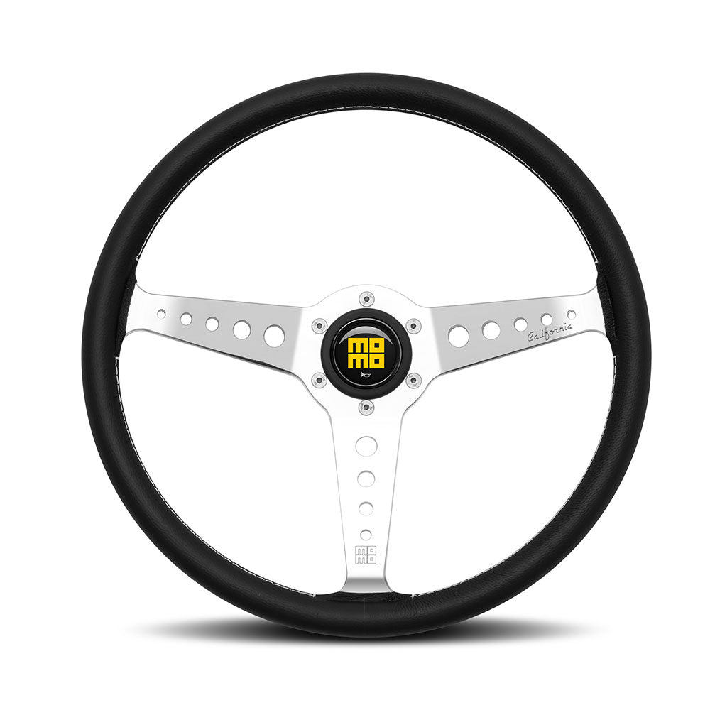 Volante Momo California a Calice (34 mm), Pelle Nera, Razze Cromate - 36 cm