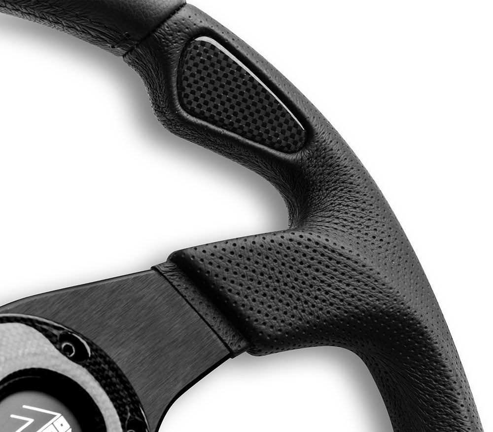Volante Momo Jet a Calice (42 mm), Pelle Nera, Razze Nere - 35 cm