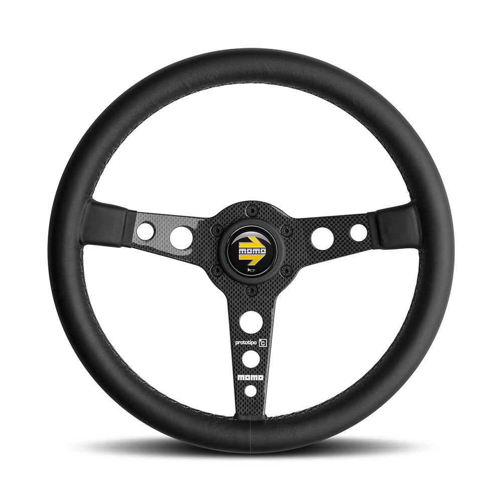 Volante Momo Prototipo 6C a Calice (39 mm), Pelle Nera, Razze in Carbonio - 35 cm