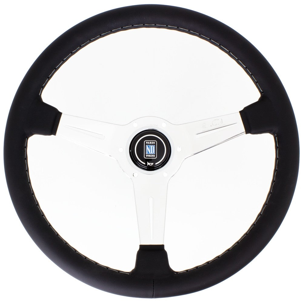 Volante Nardi Classic ND36, Pelle Nera, Razze Cromate, Cuciture Grigie, a Calice 40 mm
