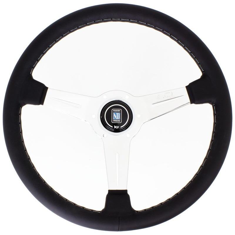 Carica immagine in Galleria Viewer, Volante Nardi Classic ND36, Pelle Nera, Razze Cromate, Cuciture Grigie, a Calice 40 mm

