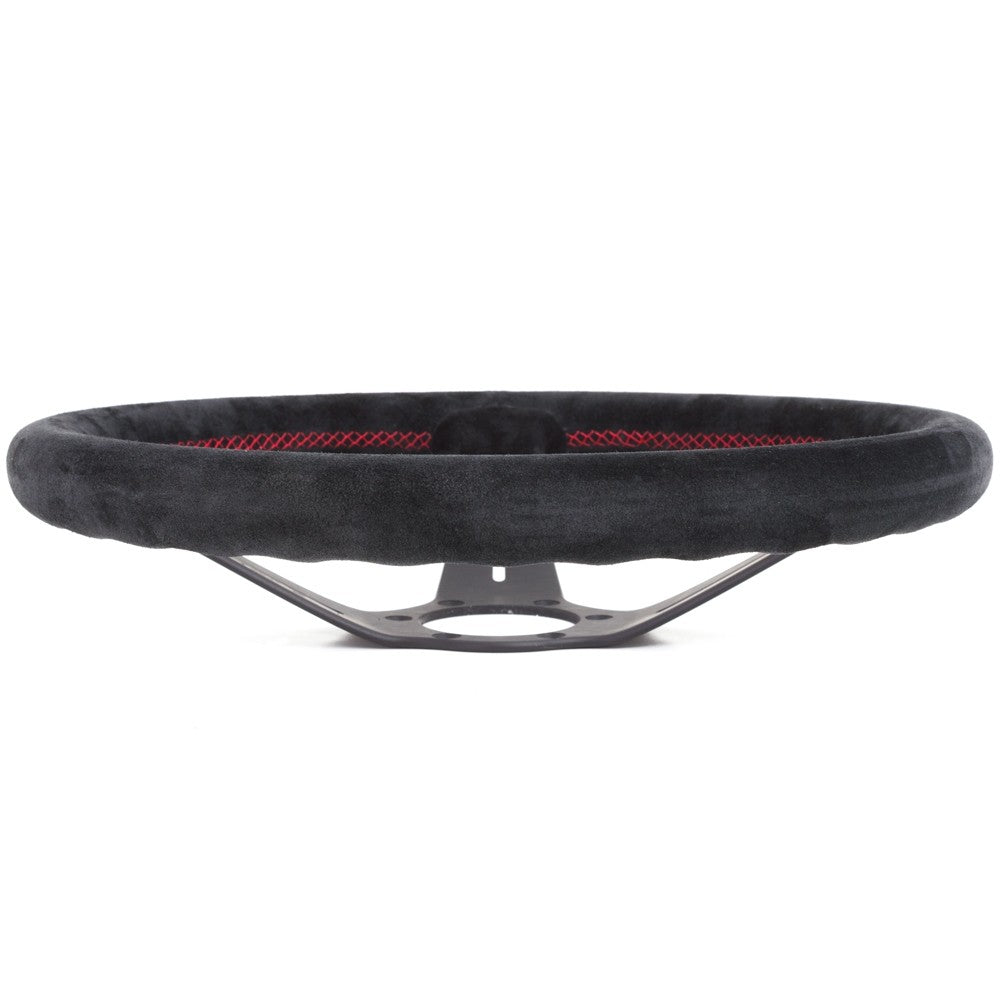 Volante Nardi Deep Corn Ø35, Scamosciato Nero, Razze Nere, Cuciture Rosse, a Calice 75 mm