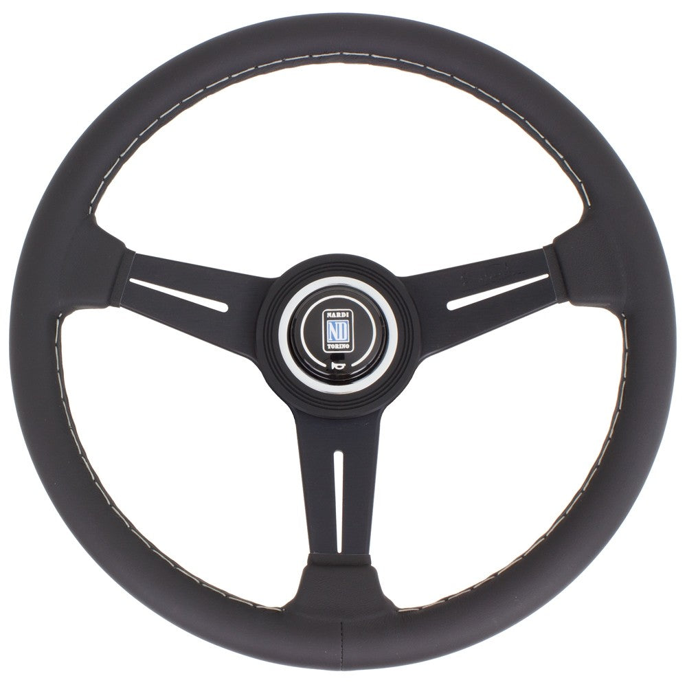 Volante Nardi Classic ND34, Pelle Nera, Razze Nere, Cuciture Grigie, a Calice 40 mm