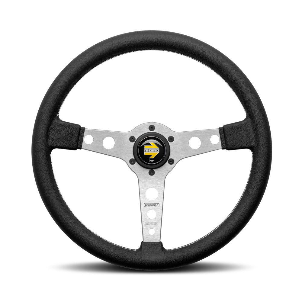 Volante Momo Prototipo a Calice (37 mm), Pelle Nera, Razze in Alluminio - 37 cm