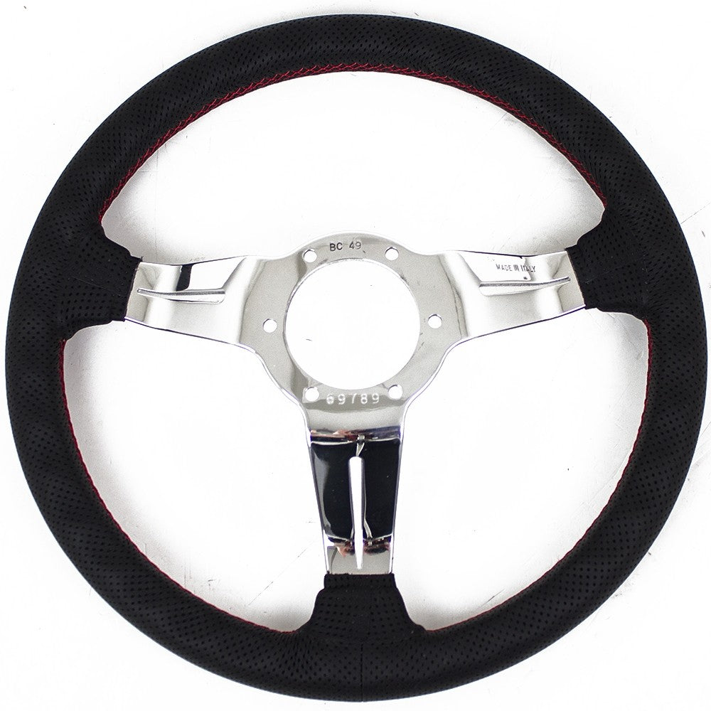 Volante Nardi Deep Corn Ø33, Pelle Nera Forata, Razze Cromate, Cuciture Rosse, a Calice 50 mm