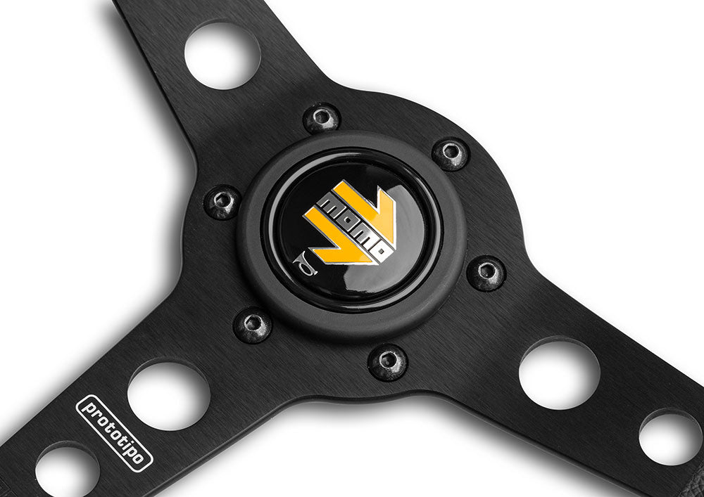 Volante Momo Prototipo a Calice (39 mm), Pelle Nera, Razze Nere - 35 cm