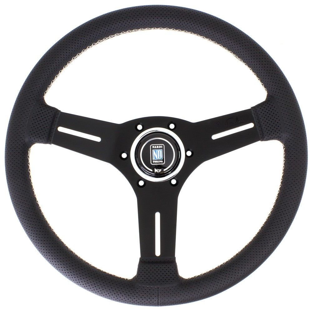Volante Nardi Competition, Pelle Nera Forata, Razze Nere, Cuciture Grigie, a Calice 40 mm, Ø33 cm
