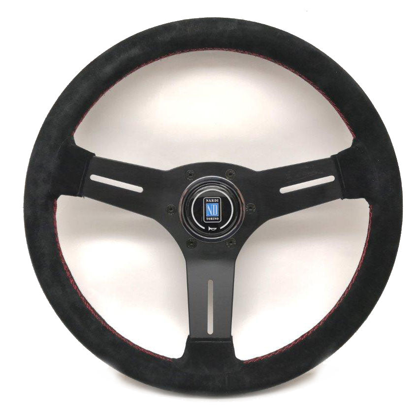 Volante Nardi Competition, Scamosciato Nero, Razze Nere, Cuciture Rosse, a Calice 40 mm, Ø33 cm