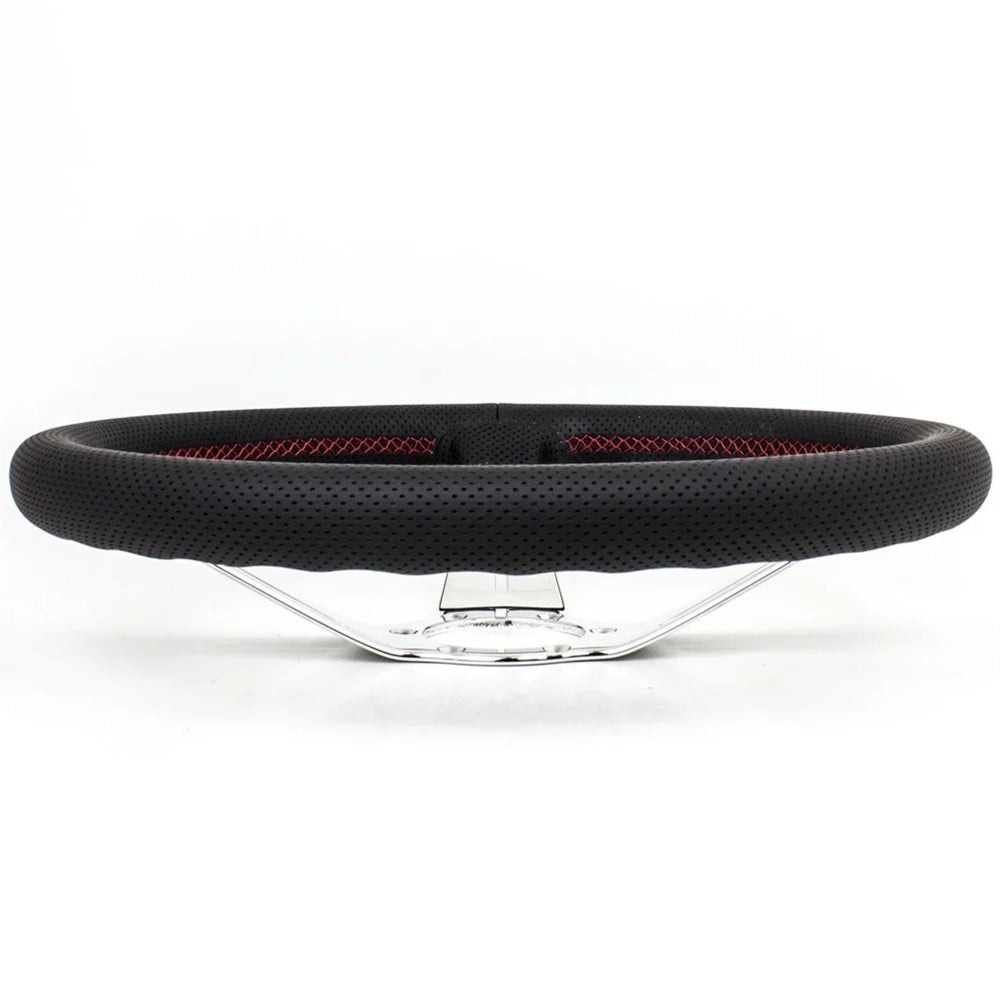 Volante Nardi Deep Corn Ø35, Pelle Nera Forata, Razze Cromate, Cuciture Rosse, a Calice 75 mm