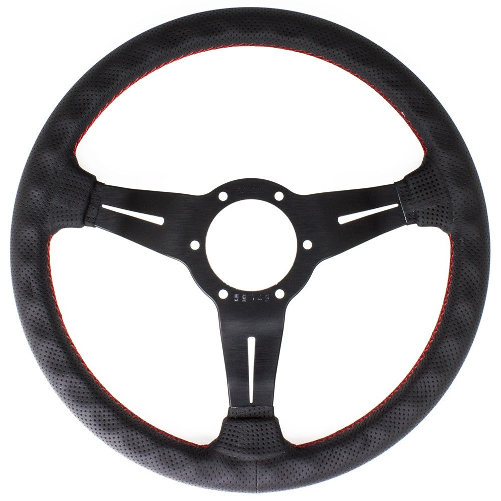 Volante Nardi Deep Corn Ø33, Pelle Nera Forata, Razze Nere, Cuciture Rosse, a Calice 50 mm