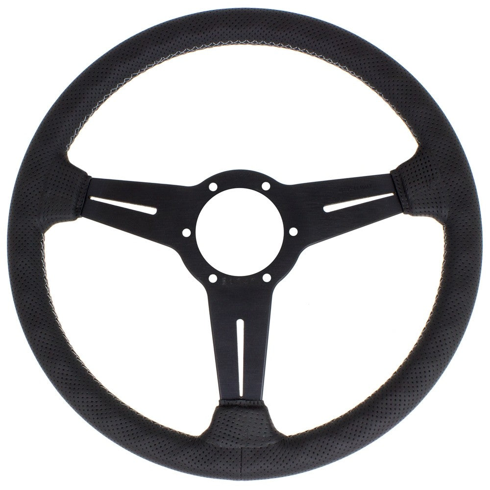 Volante Nardi Classic ND34, Pelle Nera Forata, Razze Nere, Cuciture Grigie, a Calice 40 mm