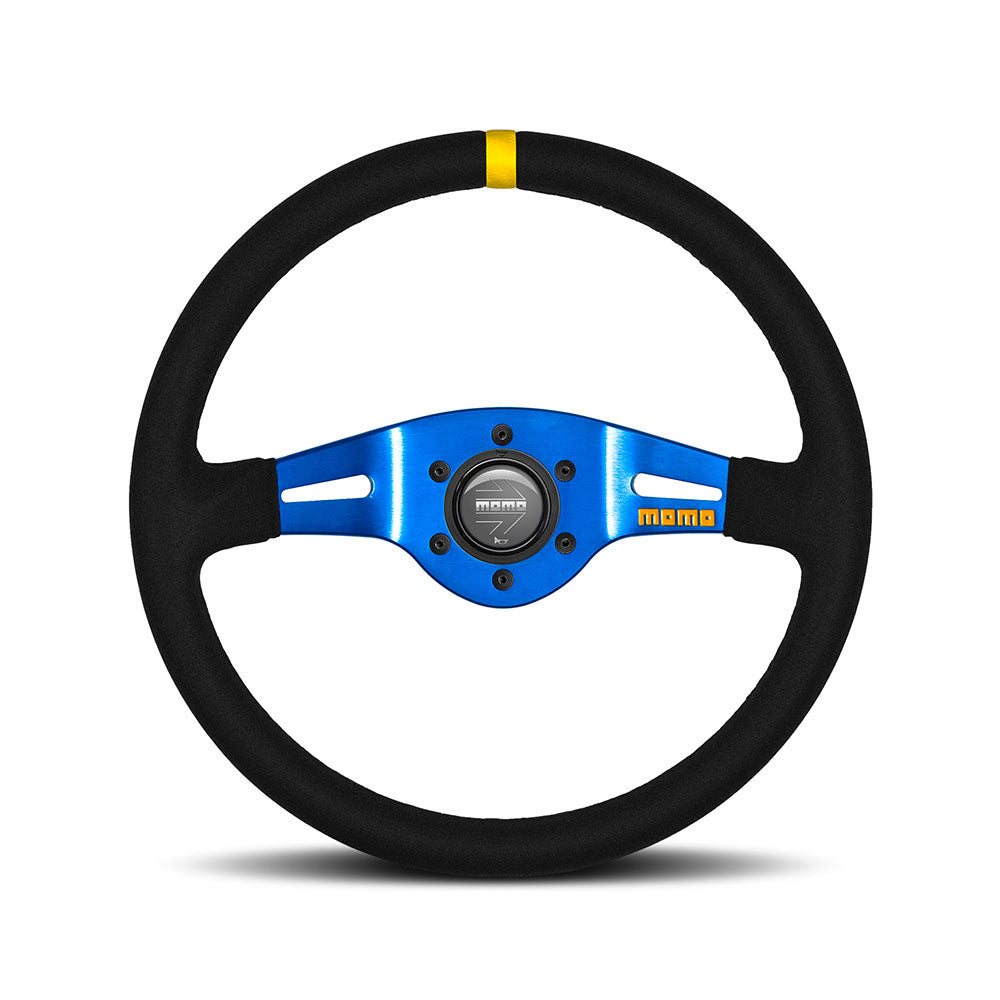 Volante Momo Mod. 03 a Calice (70 mm), Scamosciato Nero, Razze Blu - 35 cm