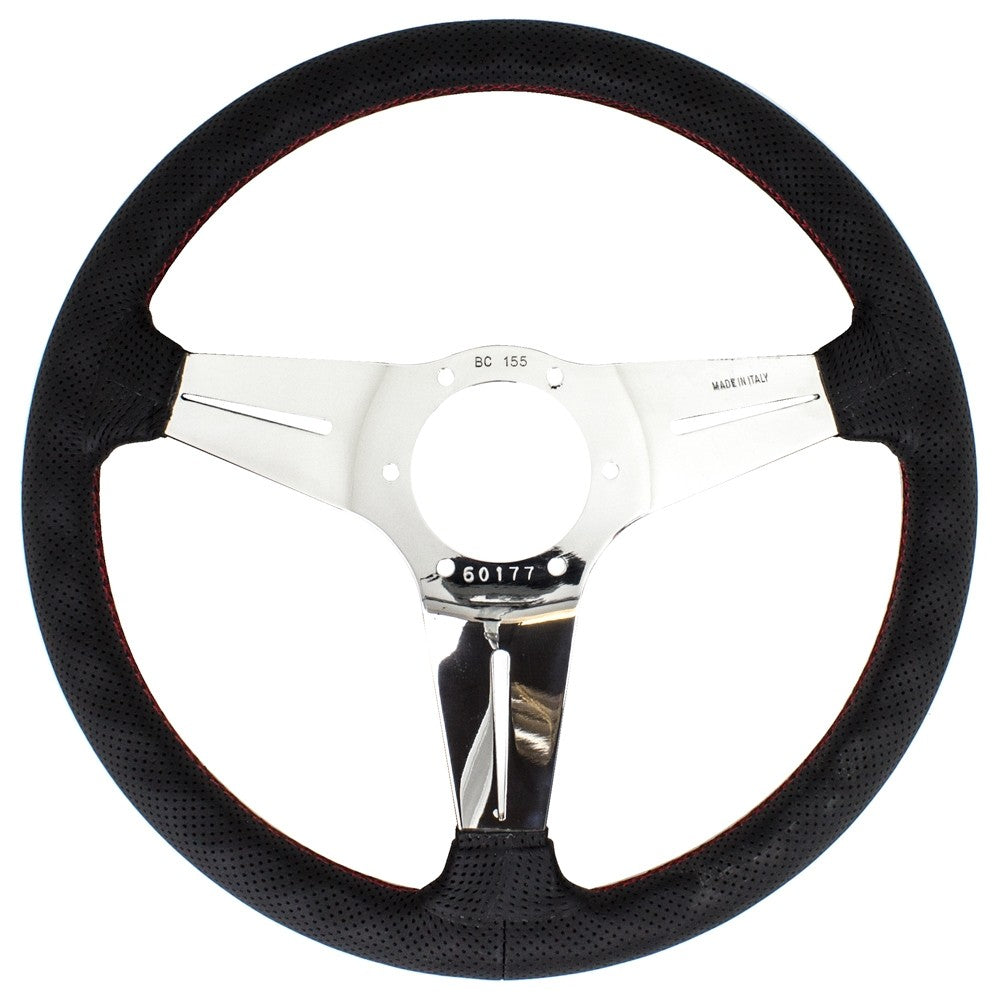 Volante Nardi Deep Corn Ø35, Pelle Nera Forata, Razze Cromate, Cuciture Rosse, a Calice 75 mm