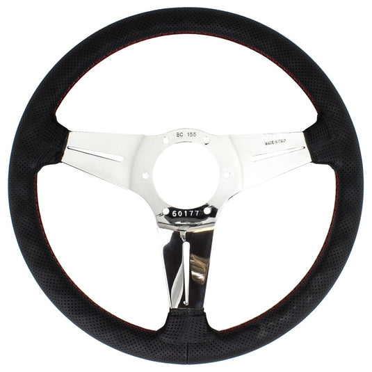 Volante Nardi Deep Corn Ø35, Pelle Nera Forata, Razze Cromate, Cuciture Rosse, a Calice 75 mm