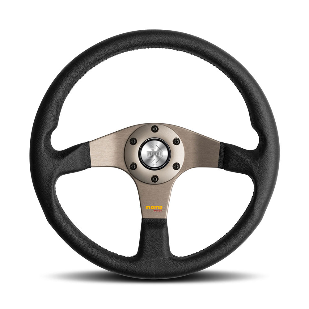 Volante Momo Tuner a Calice (36 mm), Pelle Nera, Razze Antracite - 35 cm