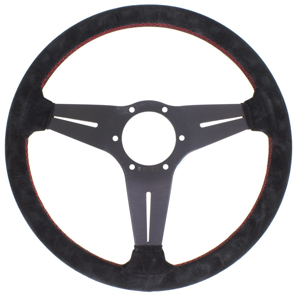 Volante Nardi Deep Corn Ø35, Scamosciato Nero, Razze Nere, Cuciture Rosse, a Calice 75 mm