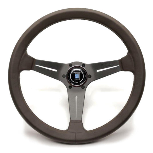 Volante Nardi Deep Corn Ø35, Pelle Marrone, Razze Grigie, Cuciture Marroni, a Calice 75 mm