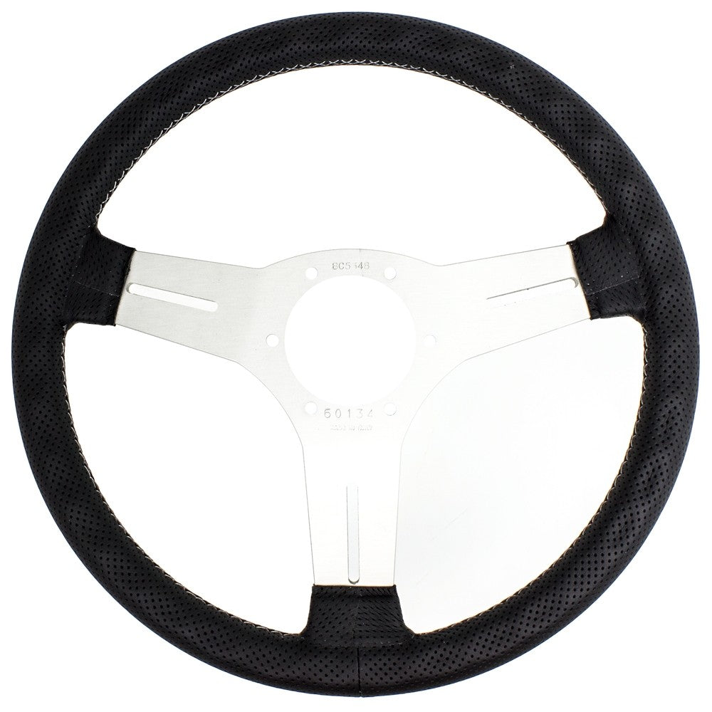 Volante Nardi Competition, Pelle Nera Forata, Razze in Alluminio, Cuciture Grigie, a Calice 40 mm, Ø33 cm