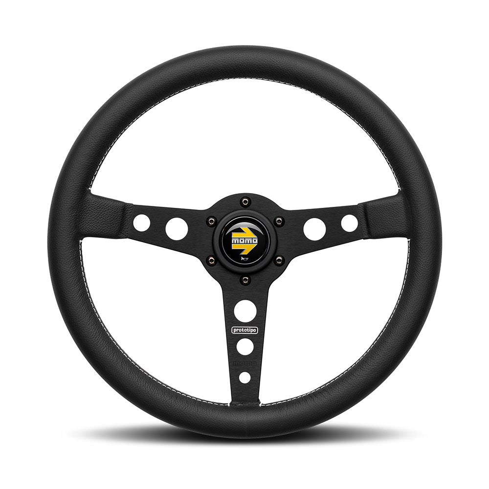 Volante Momo Prototipo a Calice (39 mm), Pelle Nera, Razze Nere - 35 cm