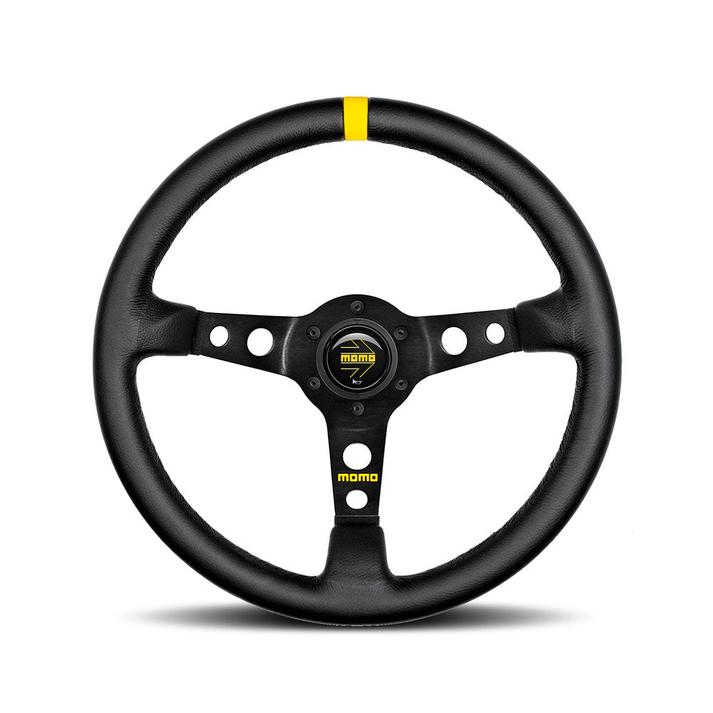 Volante Momo Mod. 07 a Calice (72 mm), Pelle Nera, Razze Nere - 35 cm
