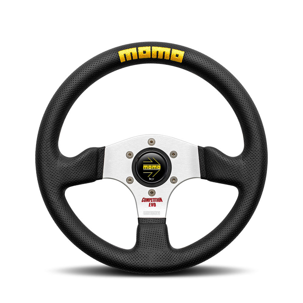 Volante Momo Competition Evo a Calice (42 mm), Pelle Nera, Razze in Alluminio - 32 cm