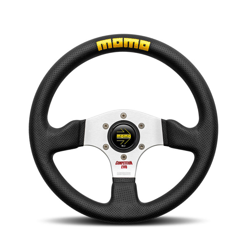 Carica immagine in Galleria Viewer, Volante Momo Competition Evo a Calice (42 mm), Pelle Nera, Razze in Alluminio - 32 cm

