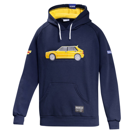 Felpa con Cappuccio Sparco Lancia HF Heritage Delta Integrale - Blu Marine / Giallo