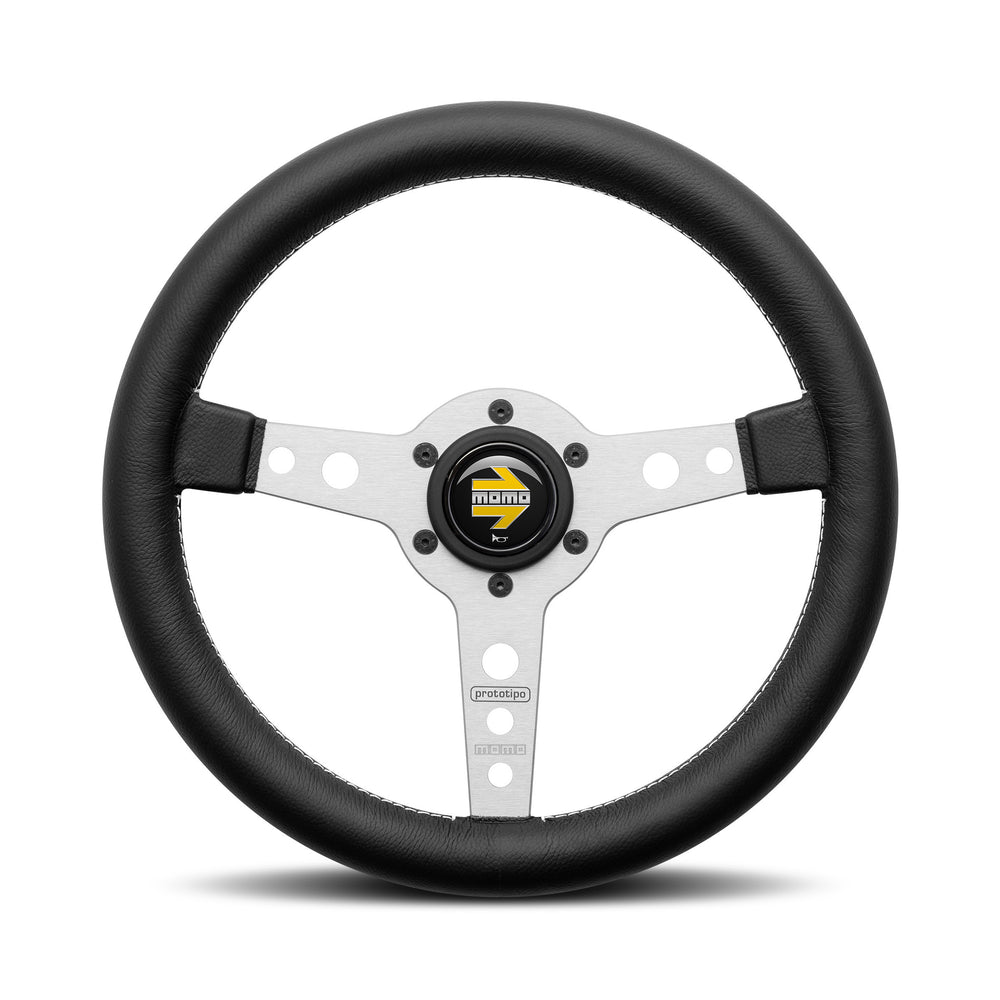Volante Momo Prototipo 320, Pelle Nera, Razze in Alluminio - 32 cm