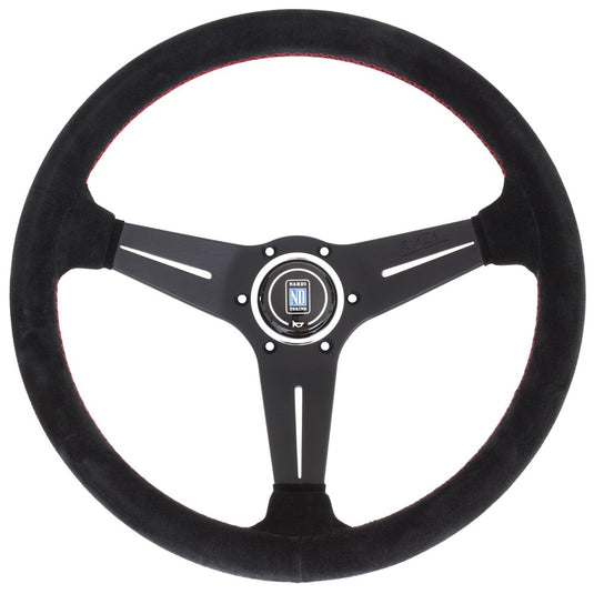 Volante Nardi Deep Corn Ø35, Scamosciato Nero, Razze Nere, Cuciture Rosse, a Calice 75 mm