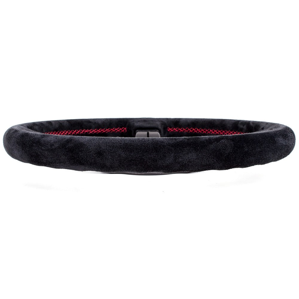 Volante Nardi Deep Corn Ø33, Scamosciato Nero, Razze Nere, Cuciture Rosse, a Calice 50 mm