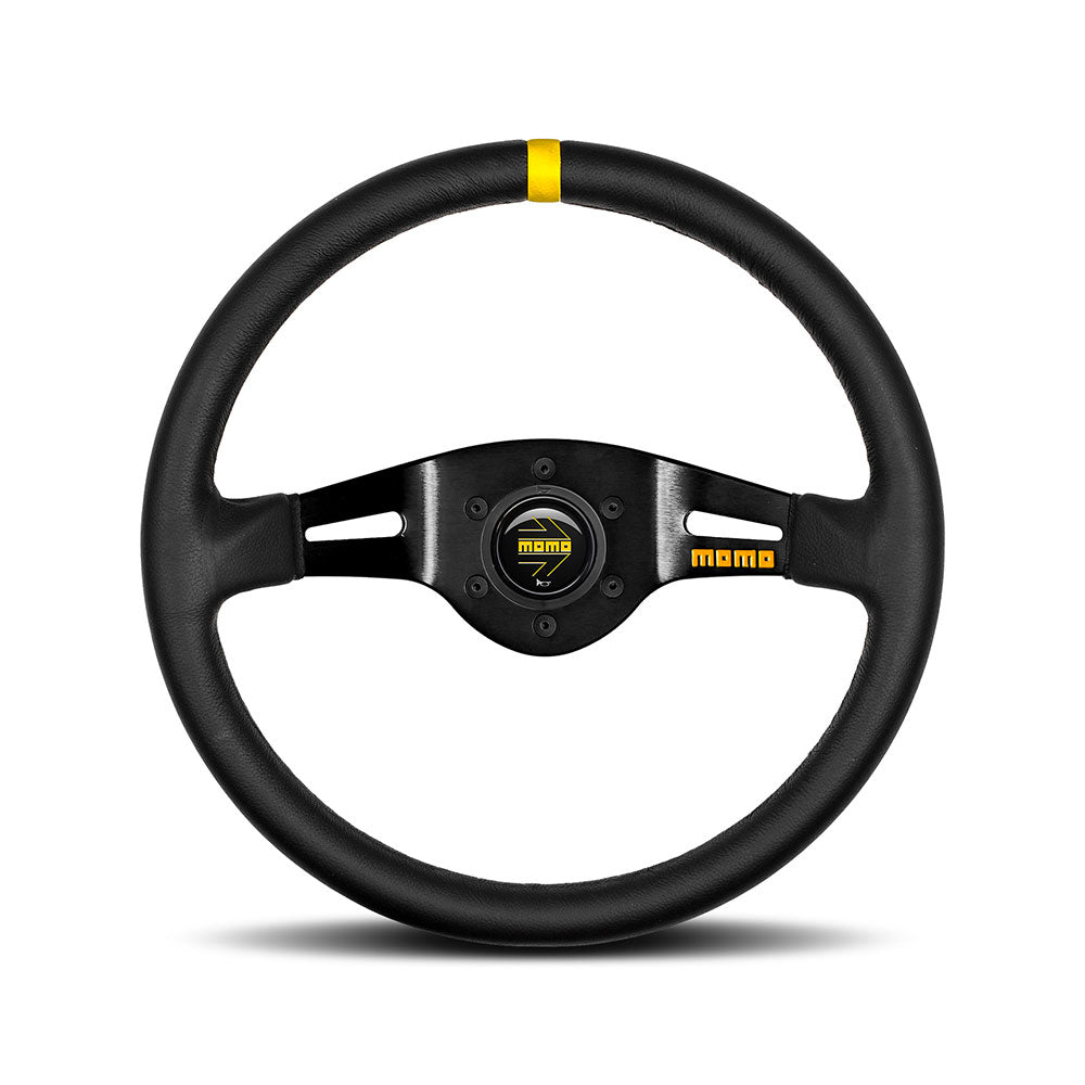 Volante Momo Mod. 03 a Calice (70 mm), Pelle Nera, Razze Nere - 35 cm